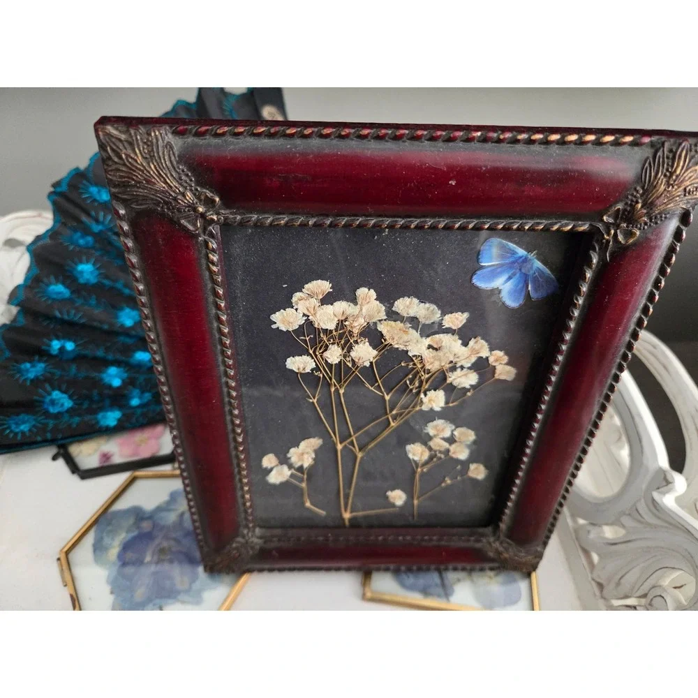 Vintage Style Pressed Babys Breath Blue Butterfly Wood Frame Glass Art 5x7